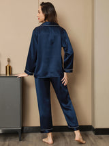 [Dark Blue] SilkSilky  Long Sleeve Lapel Collar Women's Pajamas 002