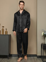 [Black] SilkSilky  Long Sleeve Lapel Collar Men's Pajamas 006