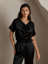 [Black] SilkSilky  Short Sleeve Cowl Neck Women's Blouse 001