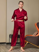 [Red] SilkSilky  Long Sleeve Lapel Collar Men's Pajamas 007
