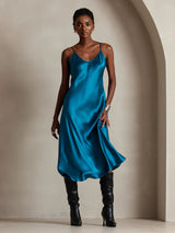 [Teal] SilkSilky  Spaghetti Strap V Neck Dress 006