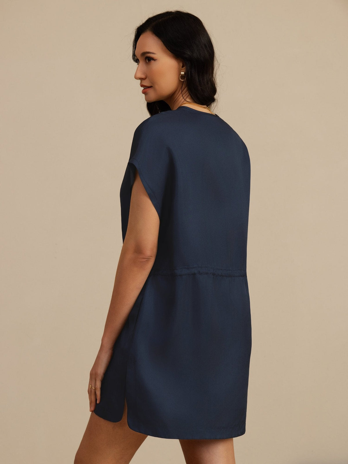 [Dark Blue] Navy 100% mulberry silk Henley neck short dress with cap sleeves and drawstring waist 002