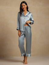 [Grayish Blue] SilkSilky  Long Sleeve Lapel Collar Women's Pajamas 001