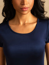 [Dark Blue] SilkSilky  Silk Knitted Round Neck Nightgown 004,