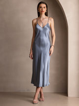 [Grayish Blue] SilkSilky  Spaghetti Strap V Neck Dress 005