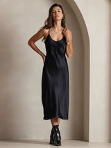 [Black] SilkSilky  Spaghetti Strap V Neck Dress 004