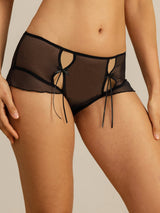 Black sheer silk cut-out panty with front tie details and mid-rise fit