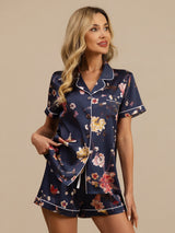 [Navy Floral] SilkSilky  Short Sleeve Lapel Collar Women's Pajamas 006