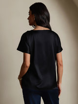[Black] SilkSilky  Short Sleeve Boat Neck Women's T-Shirt 002