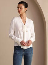 [White] SilkSilky  Long Sleeve Tie Neck Women's Blouse 005