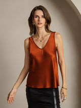 Orange silk sleeveless V-neck tank top for women