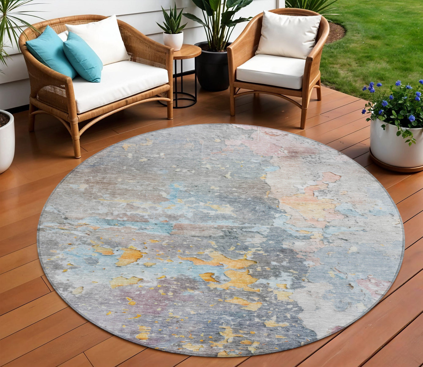 8 Granite Gray Round Abstract Washable Indoor Outdoor Area Rug