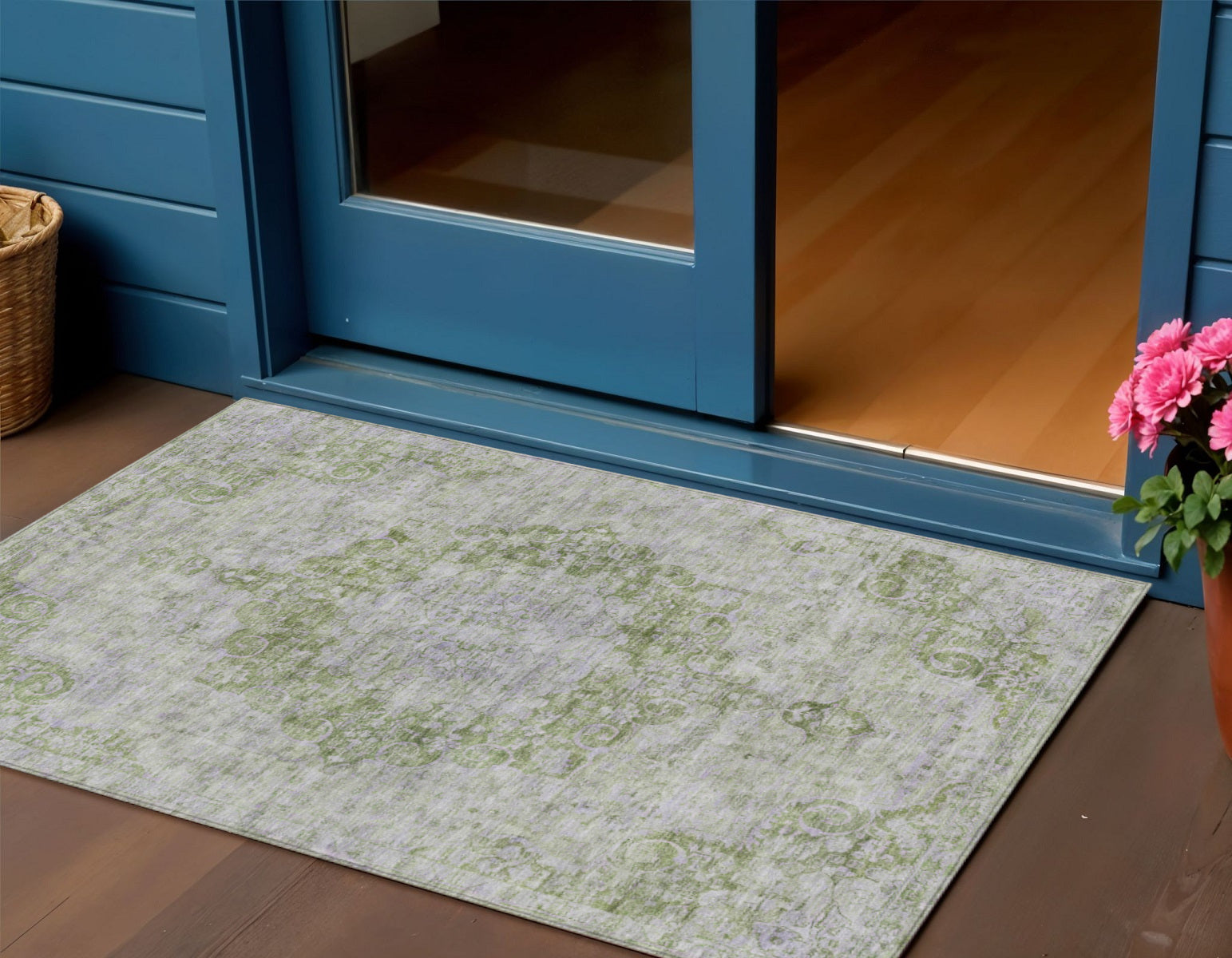 3 X 5 Olive Green Floral Medallion Washable Indoor Outdoor Area Rug