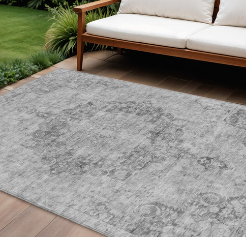 10 X 14 Silver Floral Medallion Washable Indoor Outdoor Area Rug