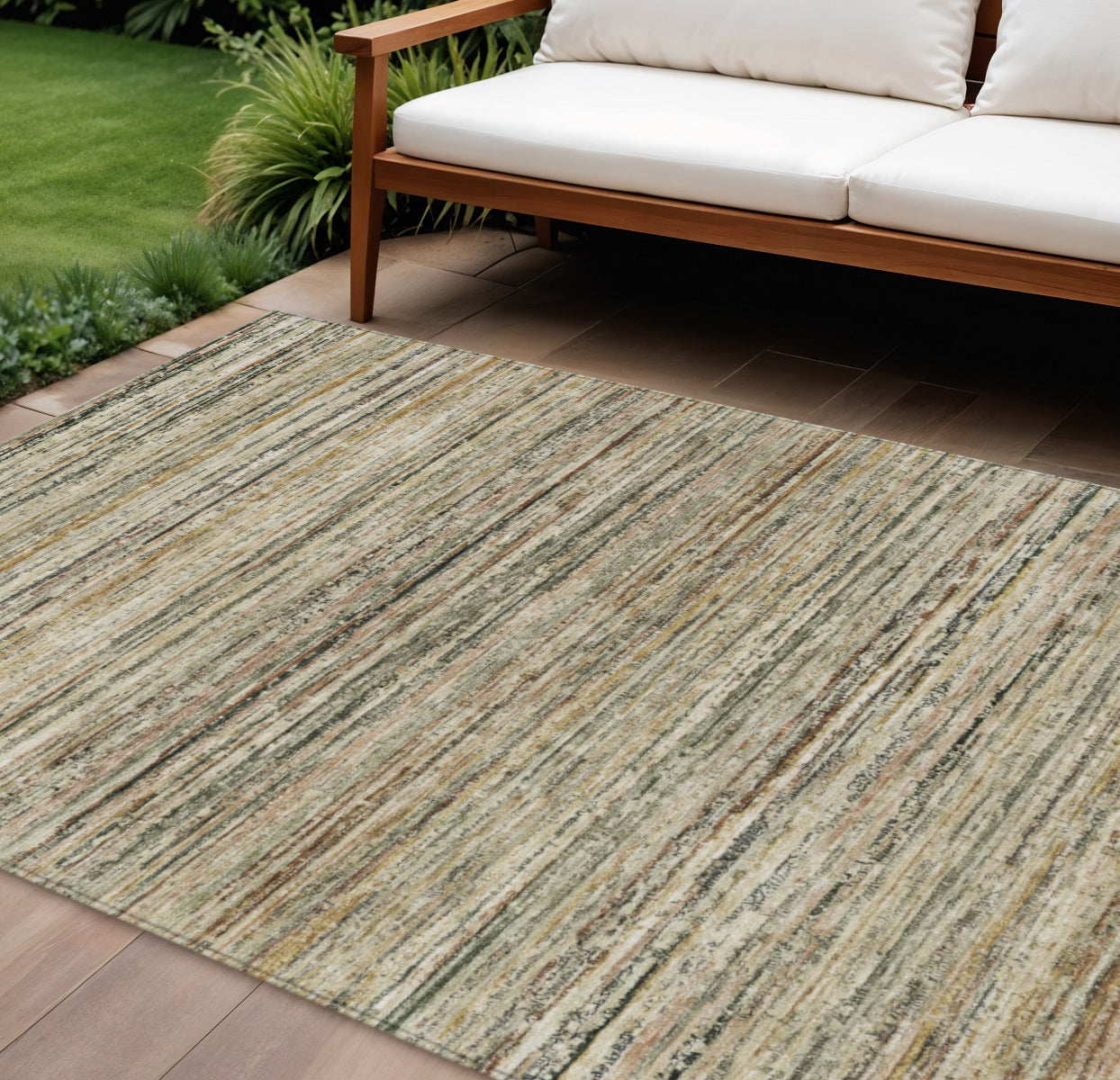 8 X 10 Beige Striped Washable Indoor Outdoor Area Rug
