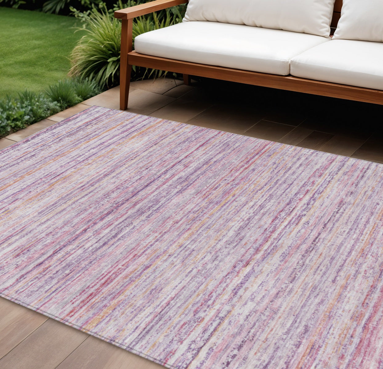 10 X 14 Mauve Striped Washable Indoor Outdoor Area Rug