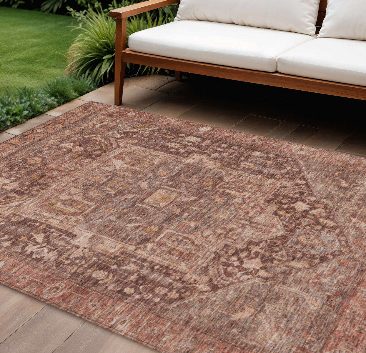 9 X 12 Burgundy Medallion Washable Indoor Outdoor Area Rug