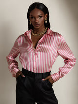 [Pink Stripe] SilkSilky  Long Sleeve Lapel Collar Women's Shirts 005