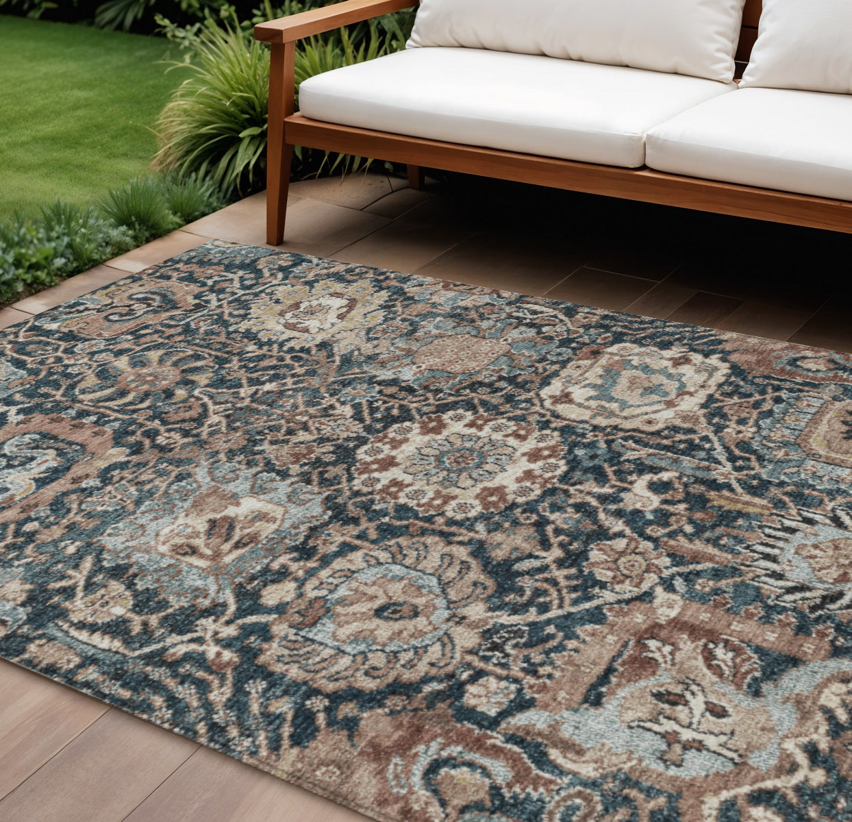 10 X 14 Taupe Blue And Beige Geometric Washable Indoor Outdoor Area Rug