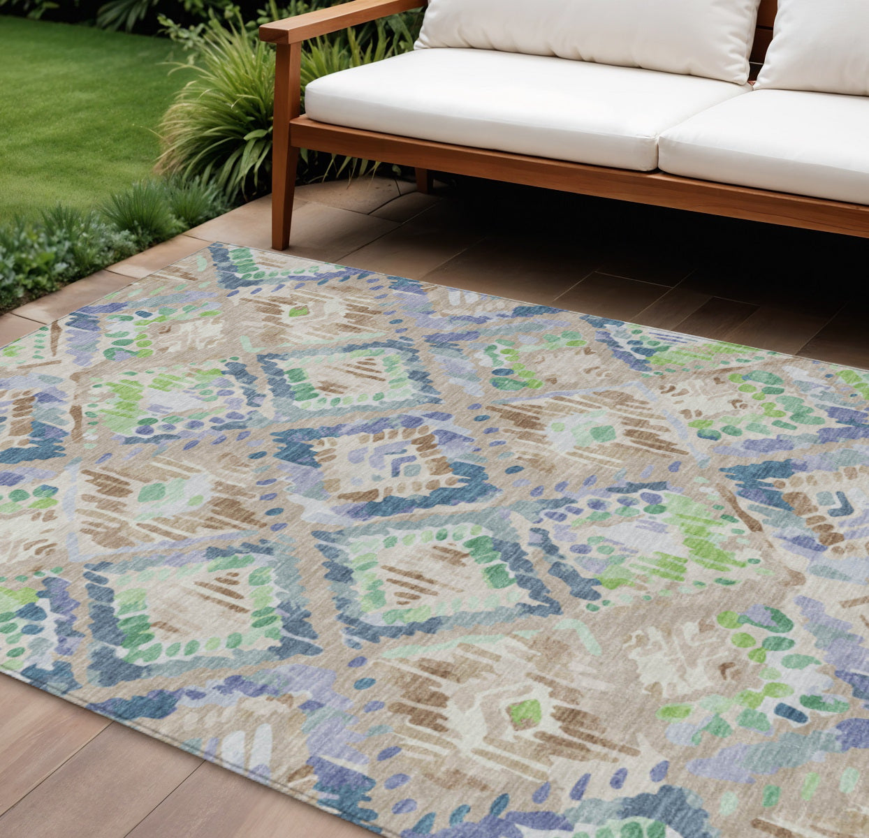 8 X 10 Beige Blue And Green Geometric Washable Indoor Outdoor Area Rug