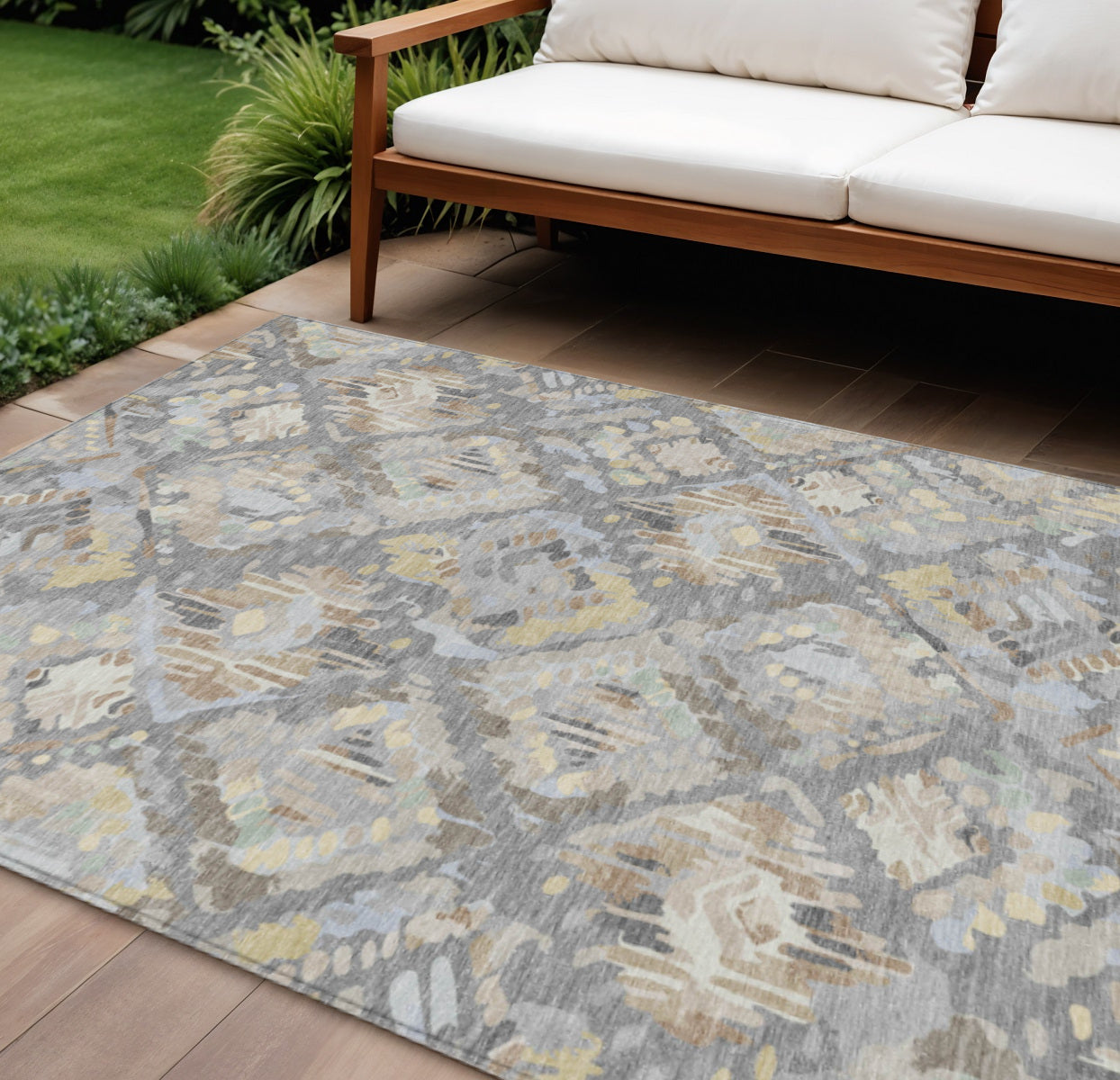 9 X 12 Gray And Brown Geometric Washable Indoor Outdoor Area Rug