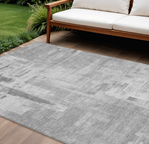 10 X 14 Gray And Off White Abstract Washable Indoor Outdoor Area Rug