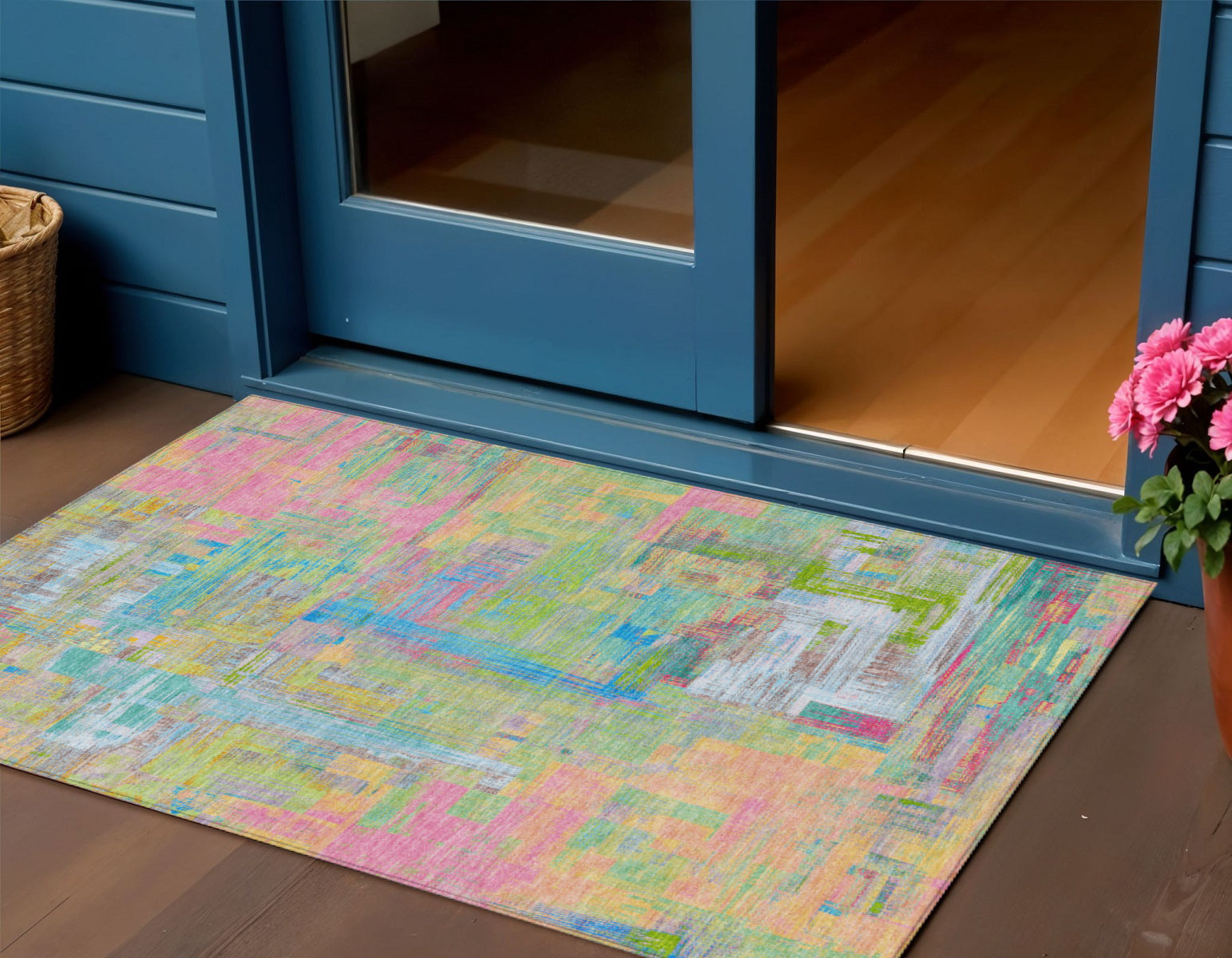 3 X 5 Pink Key Lime And Sky Blue Abstract Washable Indoor Outdoor Area Rug