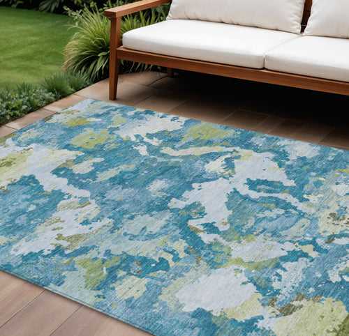 10 X 14 Denim Blue And Olive Green Abstract Washable Indoor Outdoor Area Rug