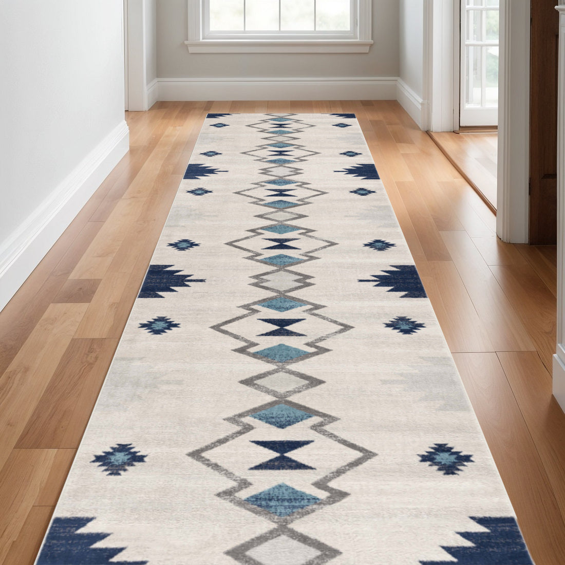 30 Runner Blue Beige And Gray Southwestern Area Rug