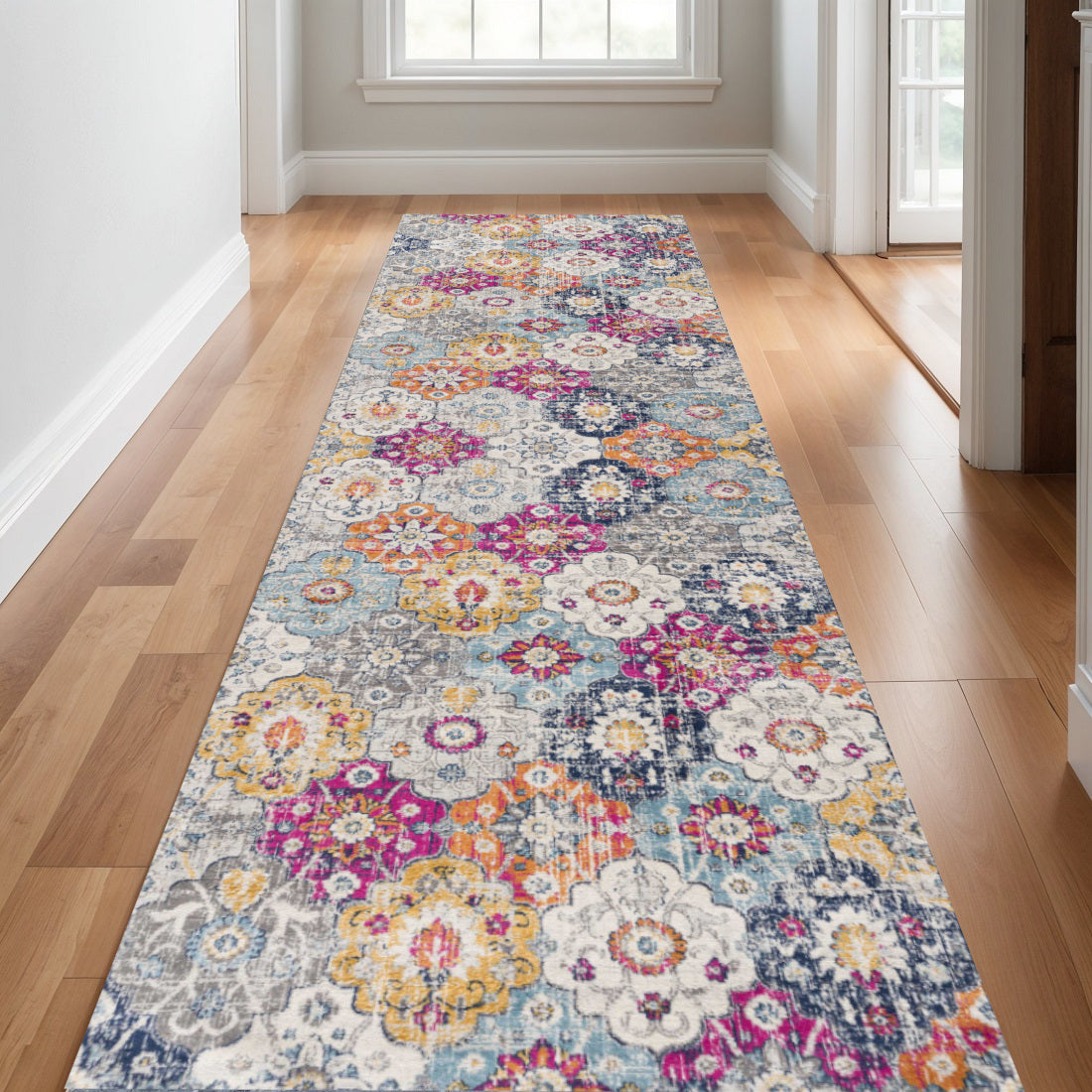 25 Runner Rust Gray And Sky Blue Floral Runner Rug
