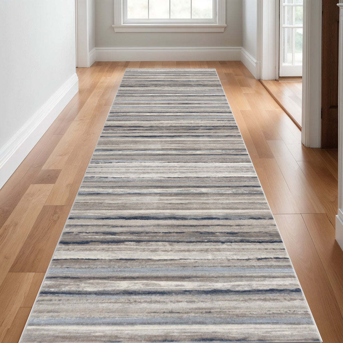 30 Runner Blue Brown And Sand Striped Area Rug