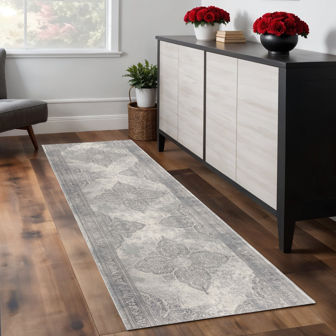 9 Gray And Beige Medallion Runner Rug