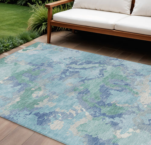 10 X 14 Blue And Teal Blue Abstract Washable Indoor Outdoor Area Rug