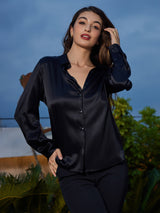 [Black] SilkSilky  Long Sleeve Lapel Collar Women's Shirts 005