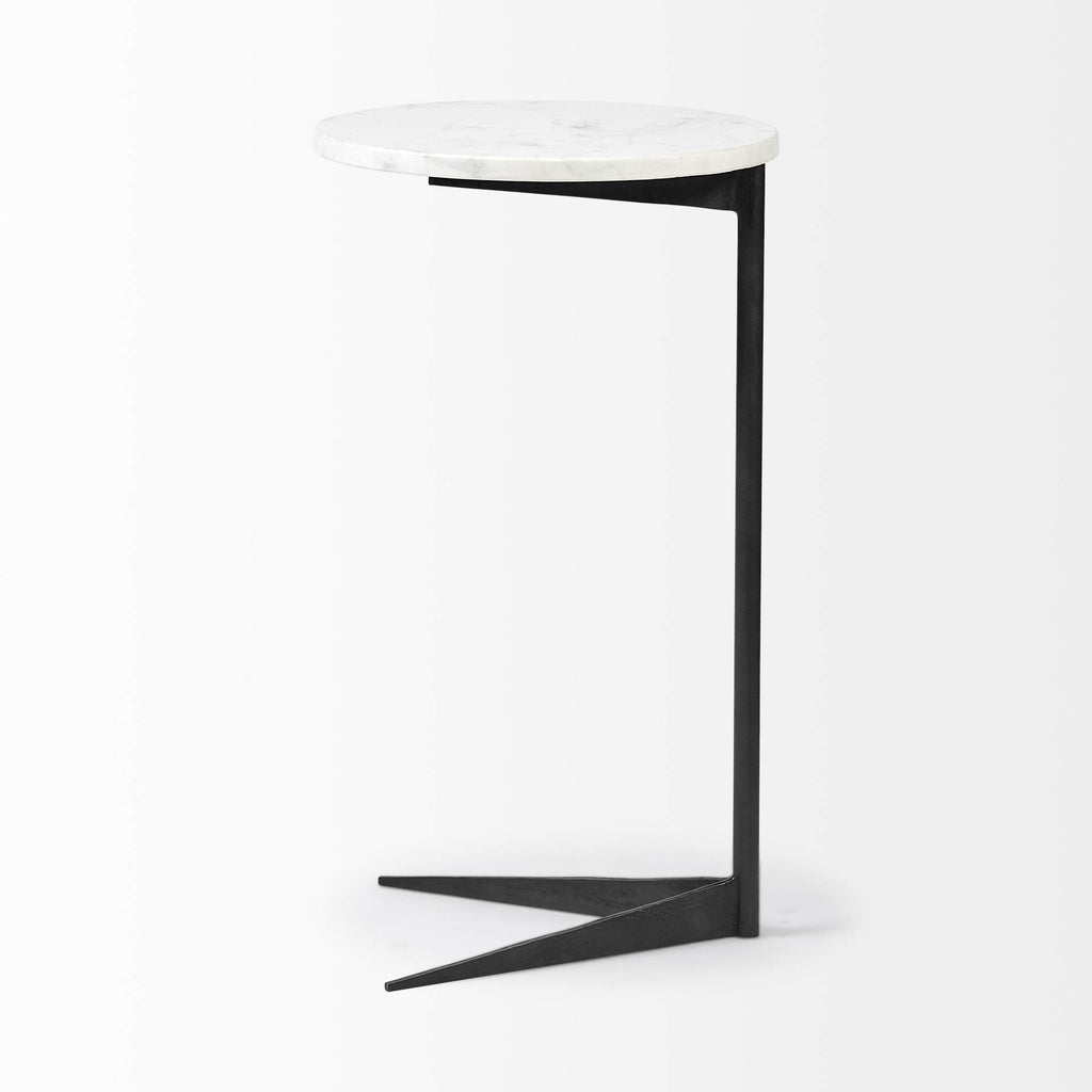 HomeRoots White Marble Round Top Accent Table with Black Iron Base