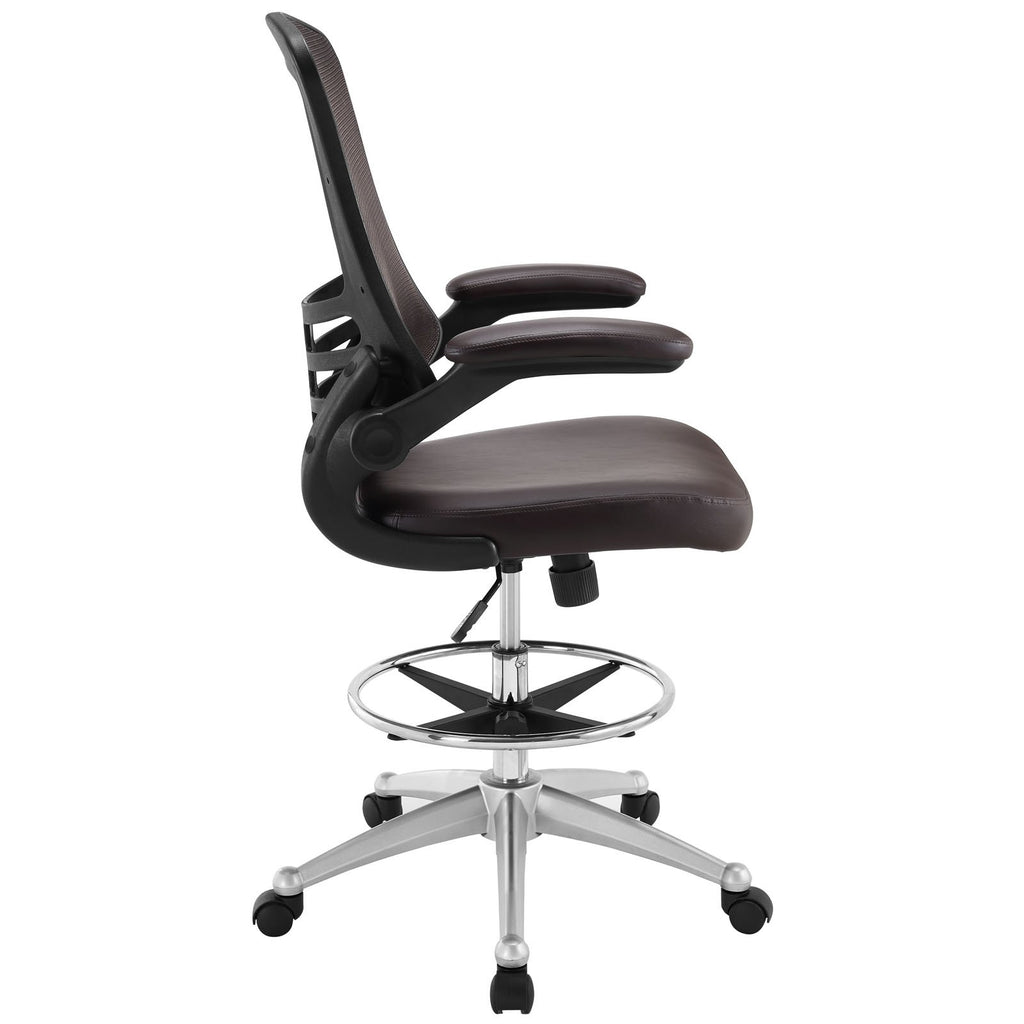 Modway Attainment Vinyl Drafting Chair - Drafting Stool With Flip-Up Arm in Brown
