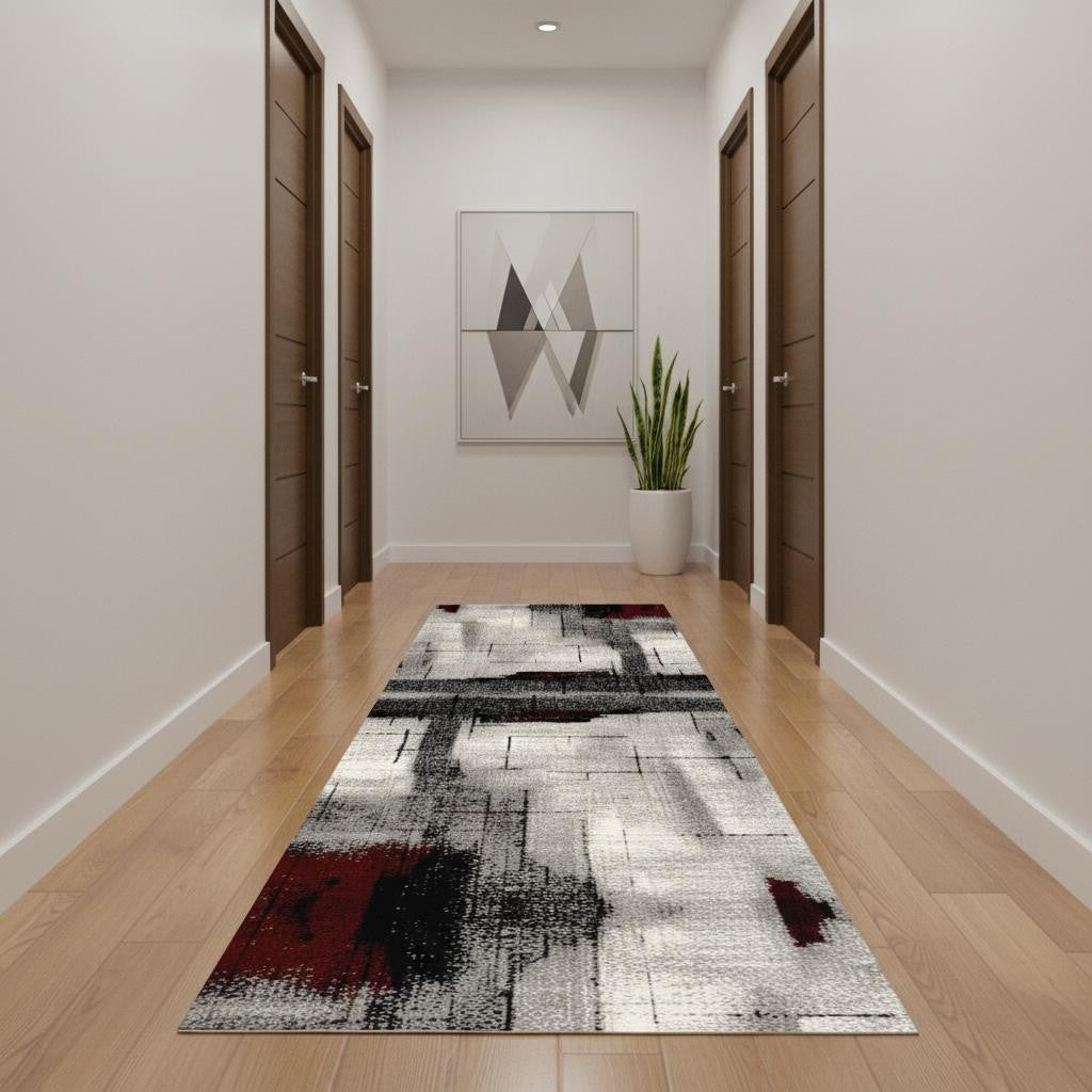 18 Gray And Red Abstract Runner Rug