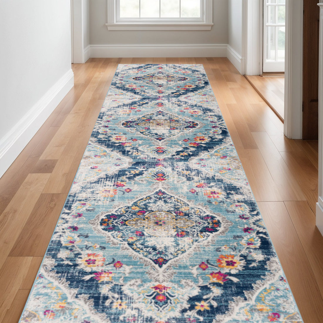 16 Blue Gray And Pink Oriental Runner Rug