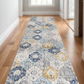 14 Blue Gray And Gold Floral Medallion Runner Rug