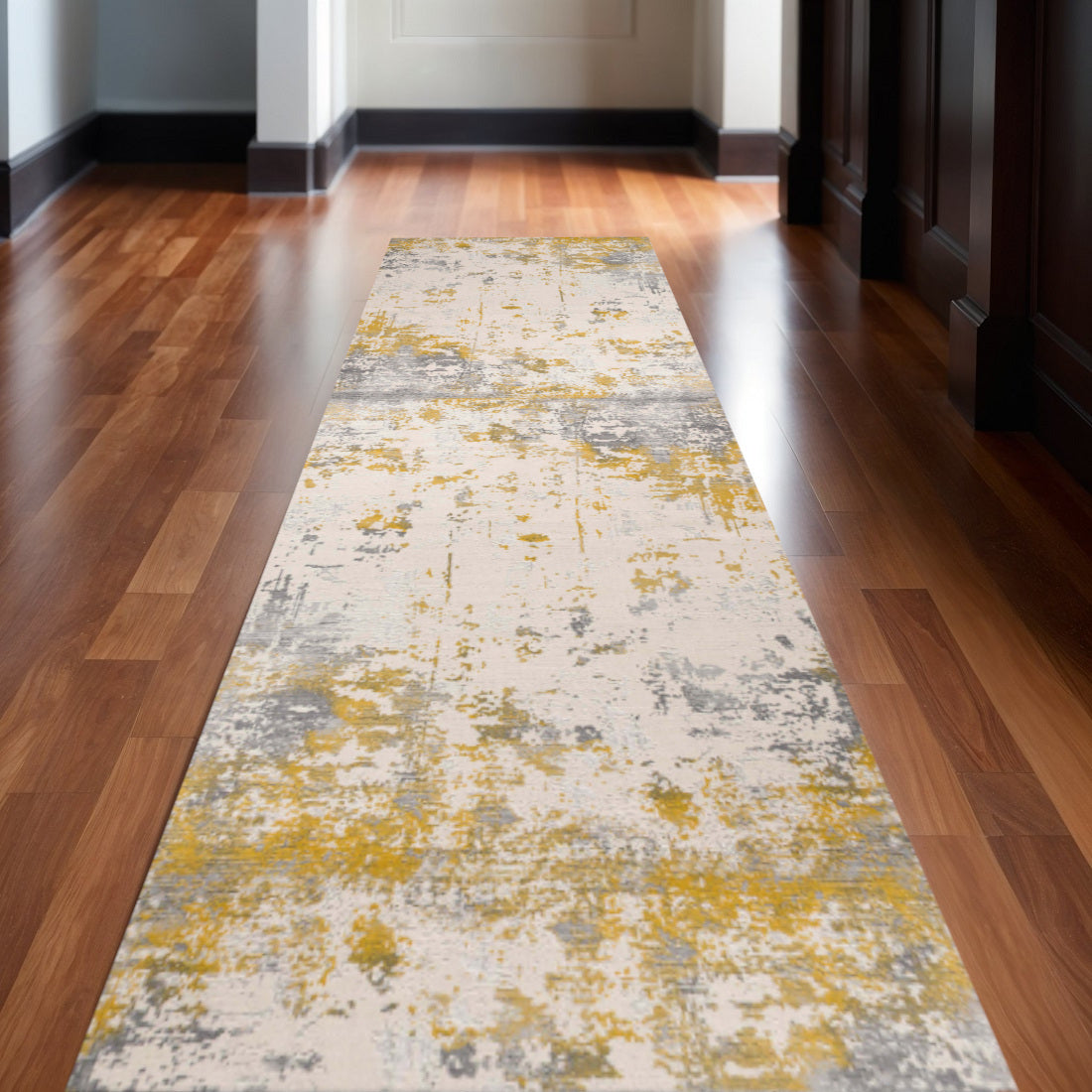 11 Gold And Gray Abstract Runner Rug