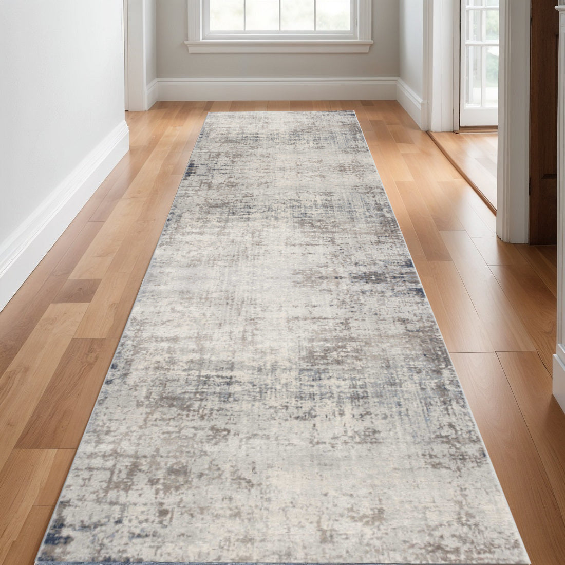 11 Navy Blue Beige And Gray Abstract Runner Rug