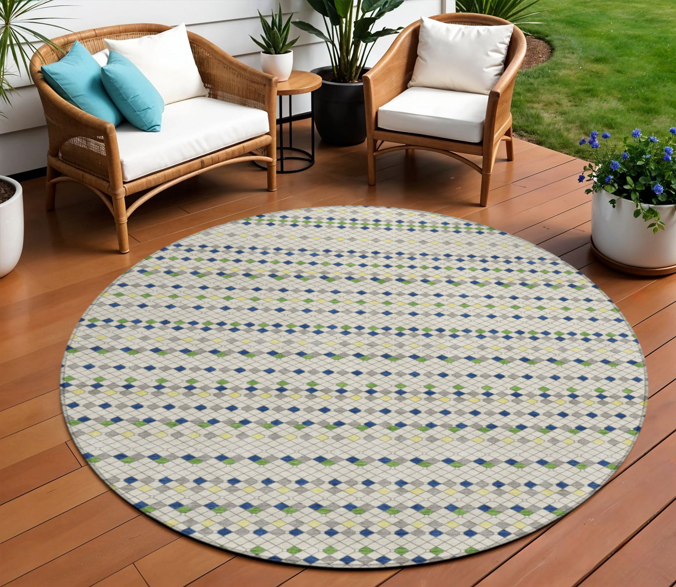 8 Linen And Lime Green Round Striped Washable Indoor Outdoor Area Rug