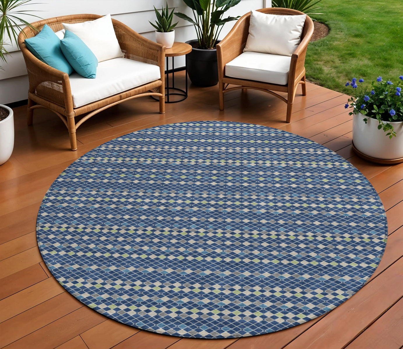 8 Navy Blue And Mint Green Round Striped Washable Indoor Outdoor Area Rug