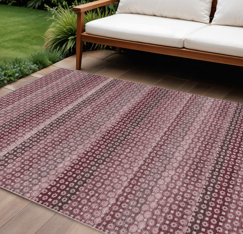 10 X 14 Red And Burgundy Striped Washable Indoor Outdoor Area Rug