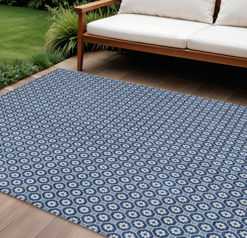 10 X 14 Blue And Sky Blue Floral Washable Indoor Outdoor Area Rug