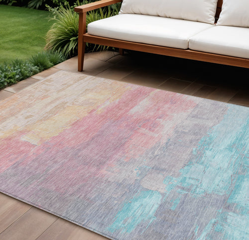 10 X 14 Salmon And Beige Abstract Washable Indoor Outdoor Area Rug