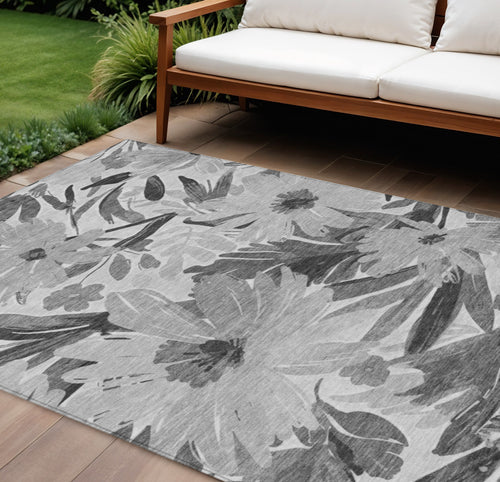 10 X 14 Gray And Charcoal Floral Washable Indoor Outdoor Area Rug