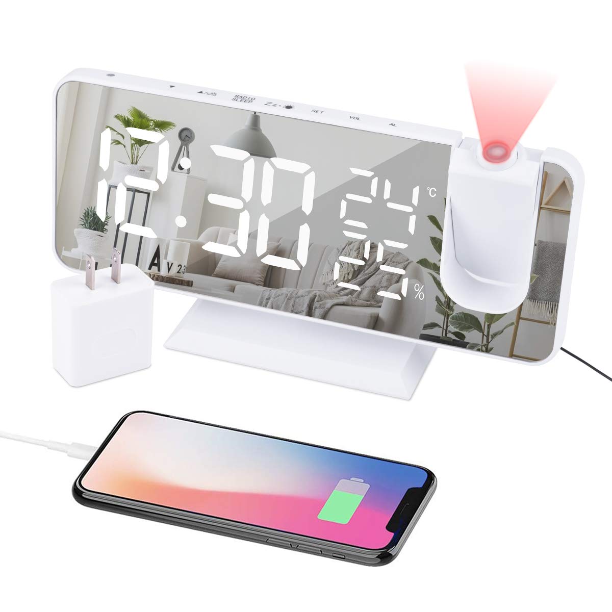EVILTO Projection Alarm Clock for Bedroom Ceiling Digital Clock Radio with USB Charger Ports, 7.3'' Large LED Screen, 4 Dimmer, 