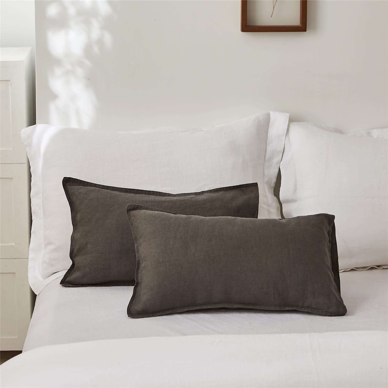 Simple&Opulence 100% Linen Lumbar Pillow Cover 12 X 20 Inches Set Of 2 Rectangular Decorative Throw Cushion Cover For Couch Sofa Bed Living Room Office Soft Breathable Farmhouse - Dark Grey