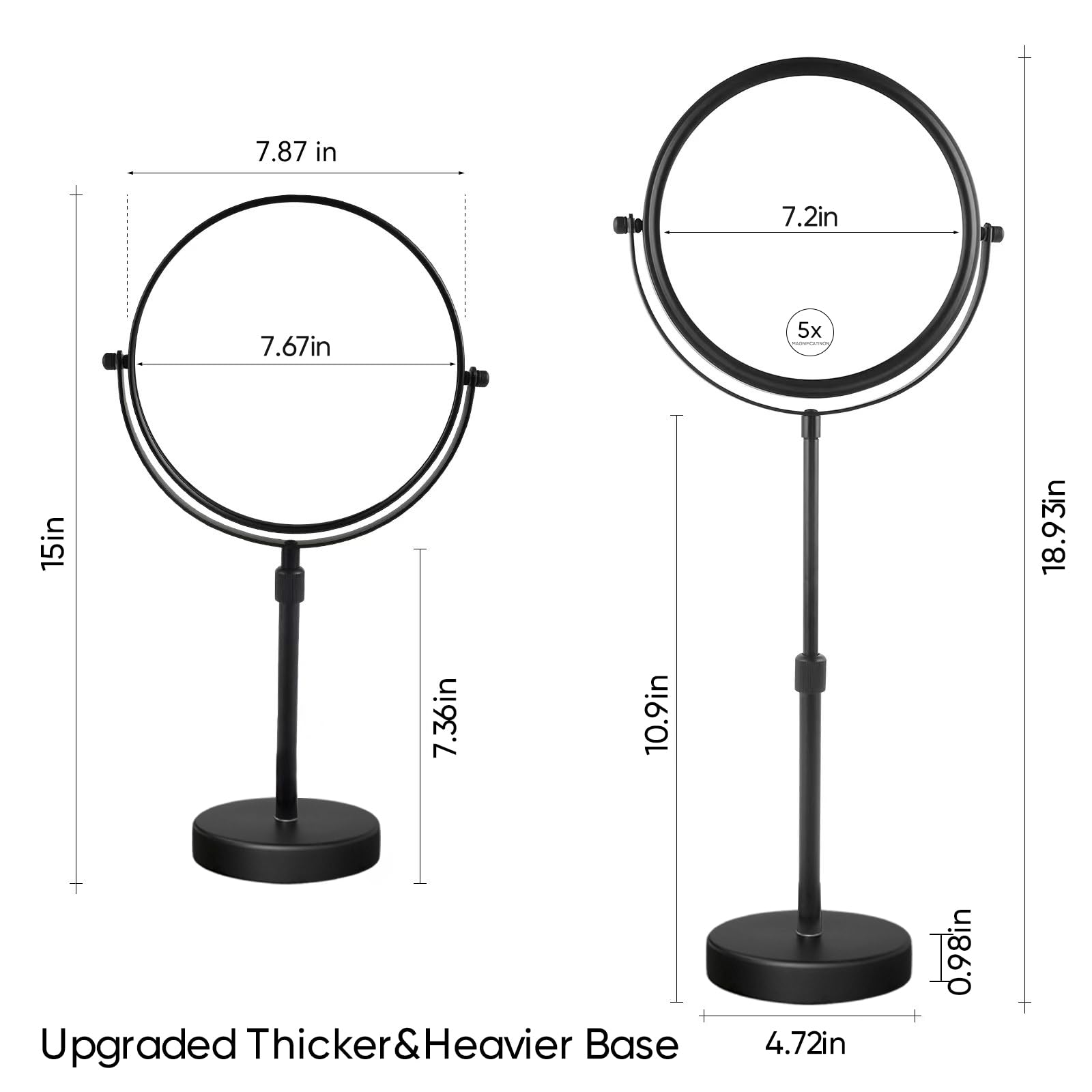 Nicesail 8 Inch Makeup Mirror 5X Magnification Height Adjustable Double Sided Swivel Matte Black